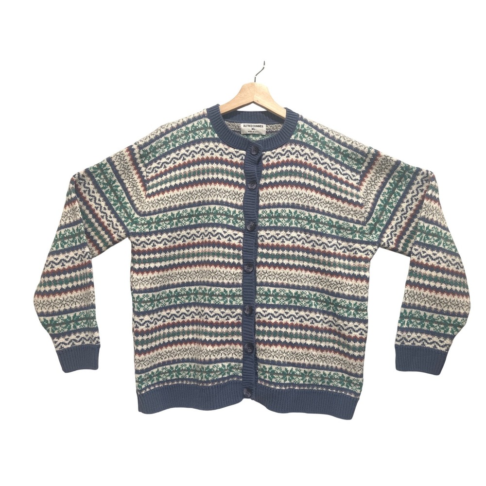 Alfred‎ Dunner Cardigan Sweater Blue Multi Fair Isle Knit Vintage Made in USA XL